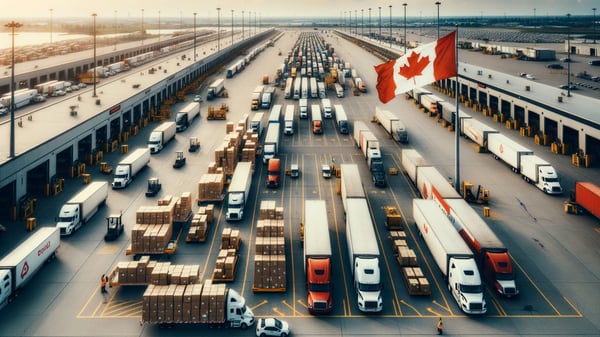 Overhead shot of a busy Canadian dock with shipping trucks and a waving Canadian flag