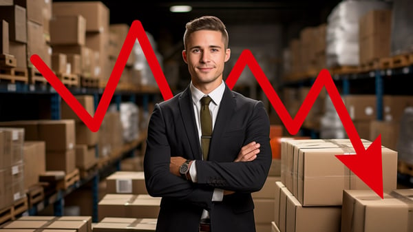 Confident Businessperson Beside Stacked Shipping Boxes Cost-Efficiency and Shipping Rate Optimization