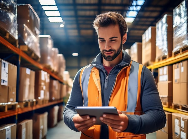 A man wearing an orange safety vest using a tablet in a warehouse with shelves of boxes.